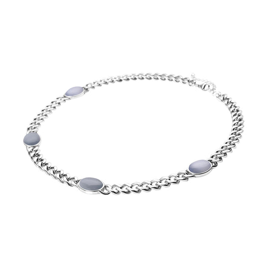 Künstliche, weiße Katzenaugen Halskette, ca. 50 cm, 316L Edelstahl, ca. 25.00 ct
