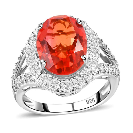 Padparadscha Triplette Quarz und weißer Zirkon-Ring, 925 Silber platiniert (Größe 21.00) ca. 7.71 ct