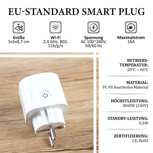 EU-Standard Smart Plug zum Überwachen des Stromverbrauchs per App, 5x5x8.7cm