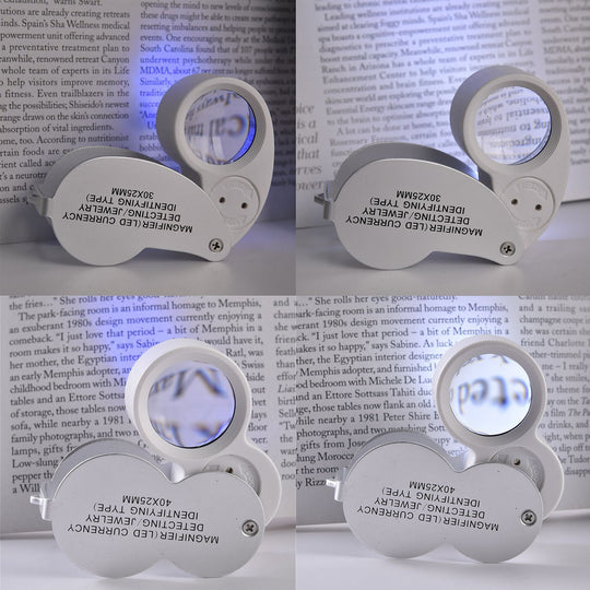 2er Set Schmucklupen mit LED- und UV Licht, 40x und 30x Linse, 6.5x3.3x2.7cm, Silber