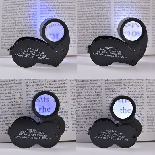 2er Set Juwelier Lupe mit LED- und UV Licht, 40x und 30x Linse, 6.5x3x3cm, schwarz