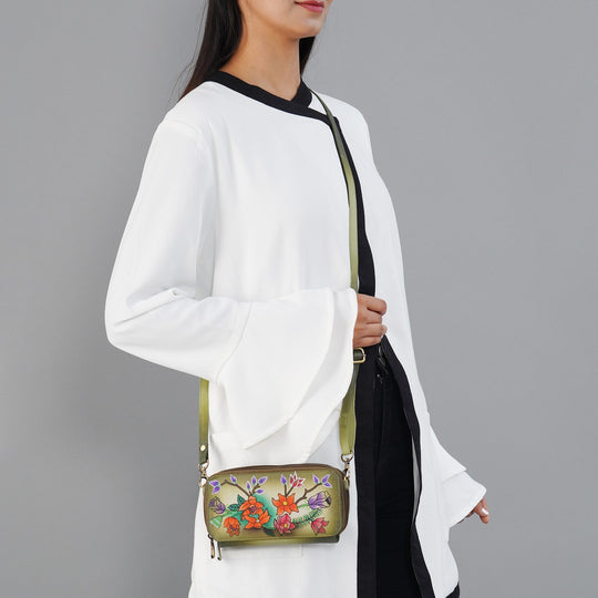 SUKRITI - RFID-geschütztes 100% Echtleder handgemaltes Crossbody-Tasche, 20x9 cm, gelb grün