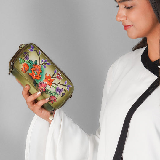SUKRITI - RFID-geschütztes 100% Echtleder handgemaltes Crossbody-Tasche, 20x9 cm, gelb grün