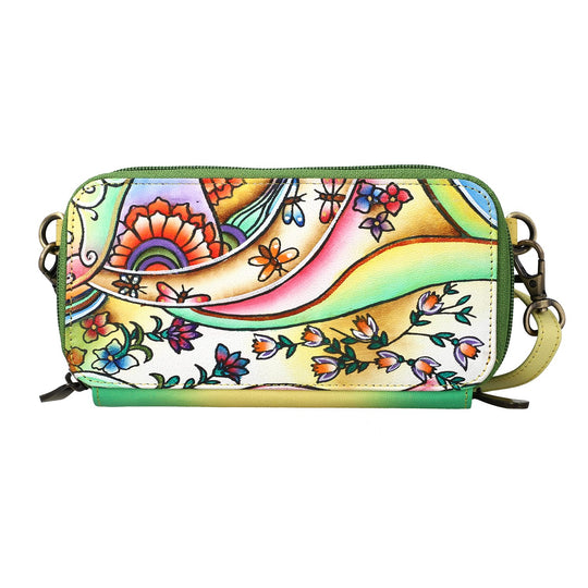 SUKRITI - RFID-geschütztes 100% Echtleder handgemaltes Crossbody-Tasche, 20x9 cm, gelb grün