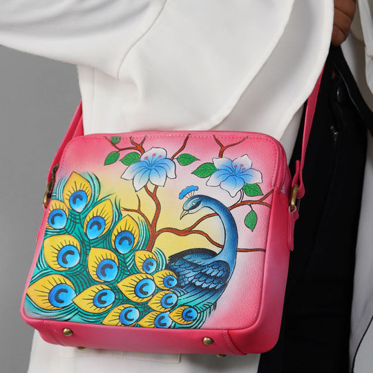 SUKRITI - handbemalte Crossbody Tasche aus echtem Leder mit RFID schutz, 22 x 19 x 6 cm, rosa