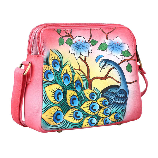 SUKRITI - handbemalte Crossbody Tasche aus echtem Leder mit RFID schutz, 22 x 19 x 6 cm, rosa