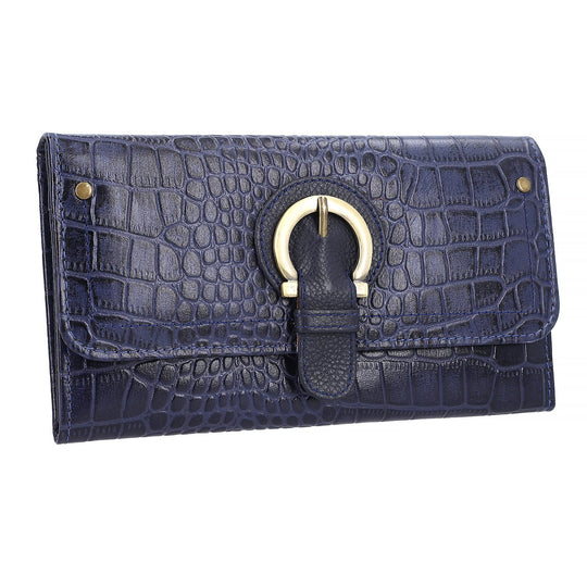 Echtleder Portemonnaie mit Krokoprägung und RFID-Schutz, 19,5x11,45 cm, marine