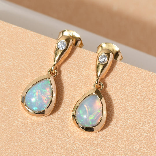 Natürliche äthiopische Opal und Zirkon-Ohrringe, 925 Silber vergoldet ca. 1,92 ct