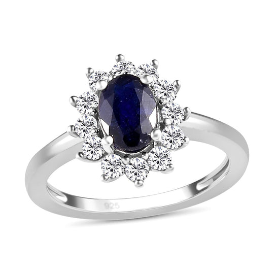 Masoala Saphir und weißer Zirkon-Ring, (Fissure gefüllt), 925 Silber platiniert ca. 1.84 ct