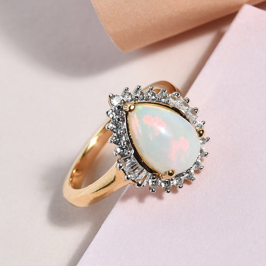 Natürlicher, äthiopischer Opal und Zirkon Halo-Ring, 925 Silber Gelbgold Vermeil (Größe 20.00) ca. 1.68 ct