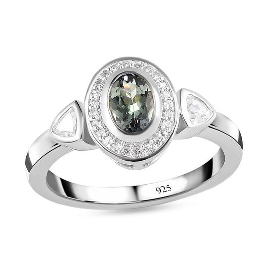 Grüner Tansanit und weißer Zirkon-Ring, 925 Silber platiniert (Größe 19.00) ca. 1.09 ct