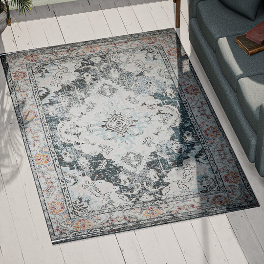 Handgefertigter Blockdruckteppich mit eklektischem Muster, 120x180cm, creme