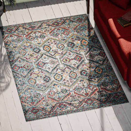 Handgefertigter Blockdruckteppich mit eklektischem Muster, 120x180cm, creme