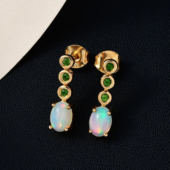 Natürliche, äthiopische Welo Opal und natürliche Chromdiopsid-Ohrringe, 925 Silber vergoldet ca. 1.42 ct
