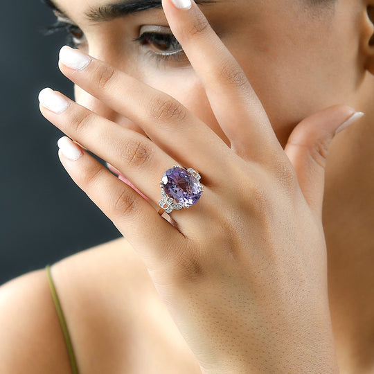 Rose de France Amethyst und weißer Zirkon-Ring, 925 Silber Roségold Vermeil (Größe 21.00) ca. 9.21 ct