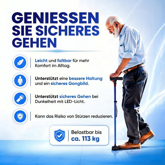 LIVMORE faltbarer Smart Gehstock mit LED Licht und SOS Alarm, Belastbarkeit 113kg, Schwarz
