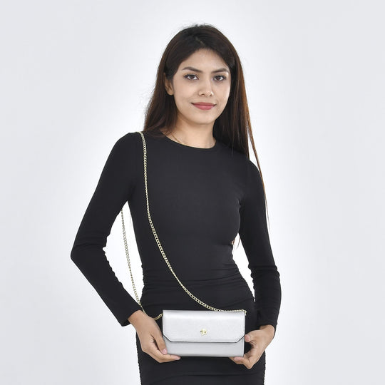 100% Echtleder Clutch mit RFID Schuz, 120 cm metall Riehmen, 20x12 cm, Grau