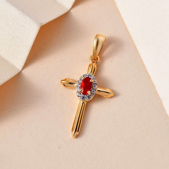 Mexikanischer Kirschfeuer-Opal und weißer Zirkon Kreuz-Anhänger, 925 Silber vergoldet ca. 0.28 ct