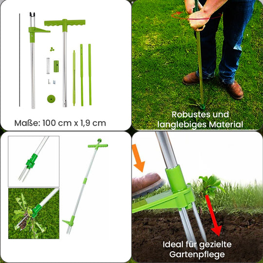 Unkrautentferner in mit verzinkten Eisennägeln und Aluminiumrohr, Größe: 100 cm x 1,9 cm, grün