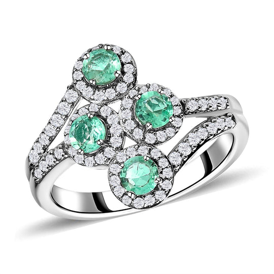 Kolumbianischer Smaragd, weißer Zirkon Ring, 925 Silber platiniert ca. 1.85 ct