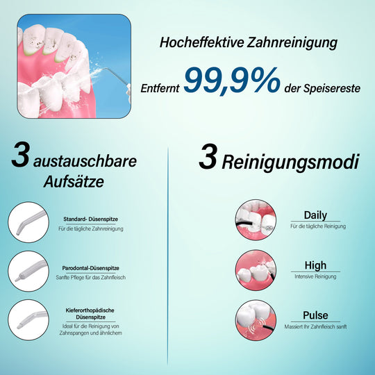 Beautech SG-833 Wasserflosser mit 8 Düsen, 3 Modi und drehbarer Düse, IPX7 wasserdicht, 300ml abnehmbarer Wassertank