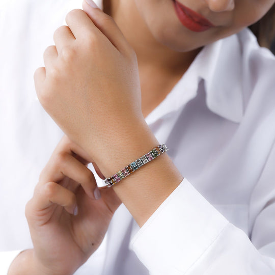 Natürliches mehrfarbiges-Turmalin Armband, ca. 19 cm, 925 Silber platiniert ca. 15.48 ct