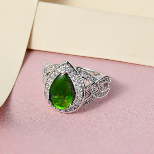 Kanadischer Ammolit und weißer Zirkon Ring, 925 Silber platiniert (Größe 20.00) ca. 3.30 ct