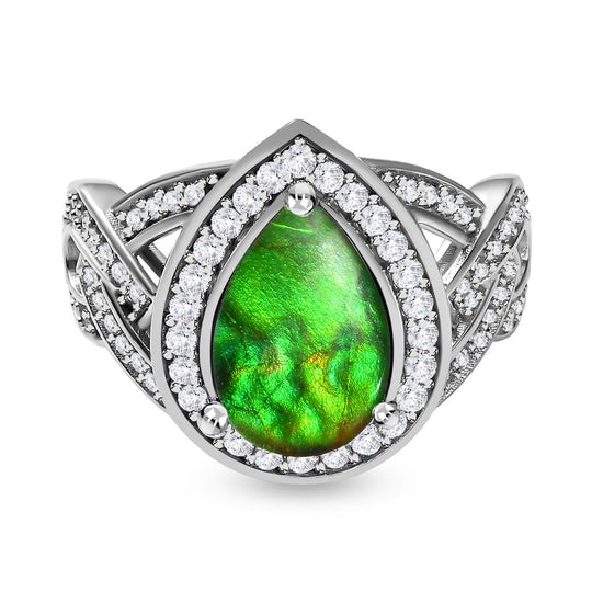Kanadischer Ammolit und weißer Zirkon Ring, 925 Silber platiniert (Größe 20.00) ca. 3.30 ct
