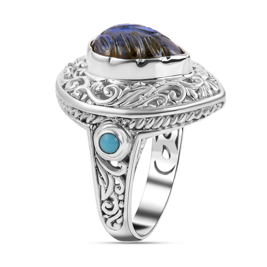 Royal Bali - Labradorit, Sleeping Beauty Türkis Ring 925 Silber (Größe 18.00) ca. 5,94 ct