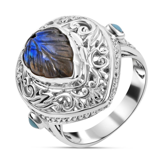 Royal Bali - Labradorit, Sleeping Beauty Türkis Ring 925 Silber (Größe 18.00) ca. 5,94 ct