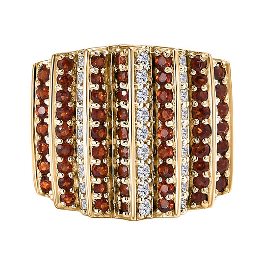 GP Art Deko Kollektion - Weißer Zirkon und roter Granat Ring, 925 Silber Gelbgold Vermeil (Größe 21.00) ca. 4.82 ct