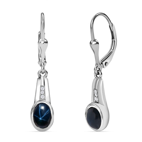 Blauer Stern Saphir (Diffundierter), Weißer Zirkon Ohrringe, 925 Silber platiniert ca. 2.72 ct