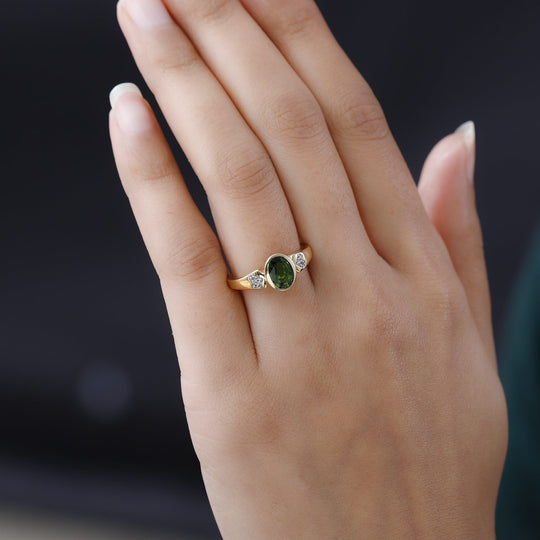 Natürlicher Chromdiopsid, weißer Zirkon Ring, 925 Silber vergoldet ca. 1.36 ct