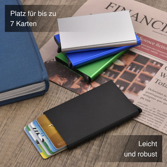 4er Set - Stilvollen RFID-blockierenden Kartenhaltern - Pop-Up Mechanismus, kompakt, Größe 9.5x9x6 cm