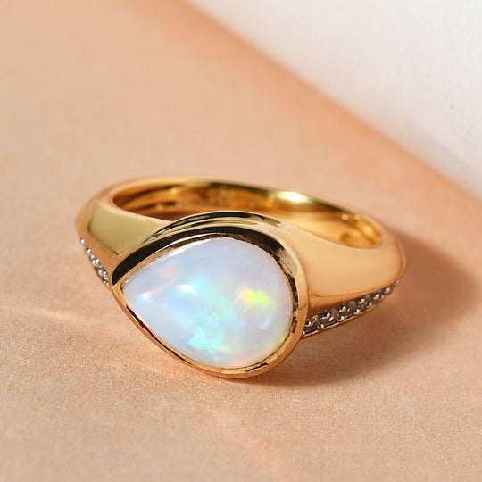 Natürlicher, äthiopischer Opal und Zirkon-Ring, 925 Silber Gelbgold Vermeil ca. 1.76 ct