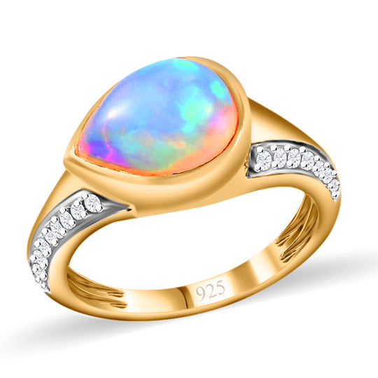 Natürlicher, äthiopischer Opal und Zirkon-Ring, 925 Silber Gelbgold Vermeil ca. 1.76 ct