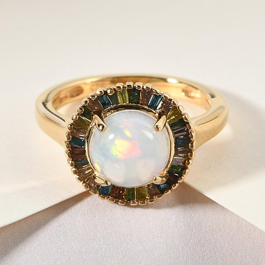 Natürlicher, äthiopischer Opal und mehrfarbiger Diamant-Ring, 925 Silber Gelbgold Vermeil (Größe 16.00) ca. 1.70 ct