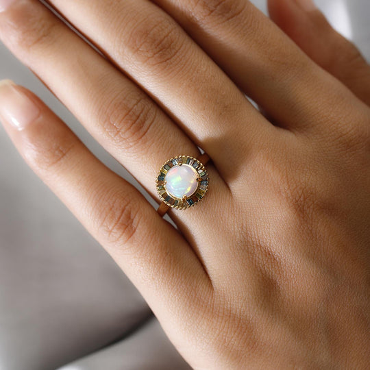 Natürlicher, äthiopischer Opal und mehrfarbiger Diamant-Ring, 925 Silber Gelbgold Vermeil (Größe 16.00) ca. 1.70 ct