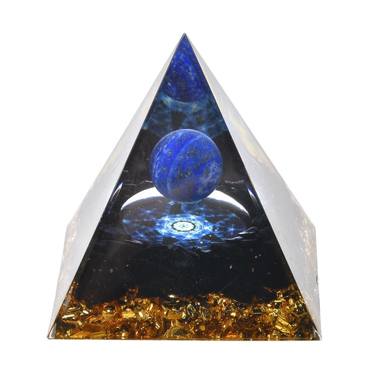 Edelstein Pyramide mit goldfarbener Lotosblüte - Kyanit und Amethyst