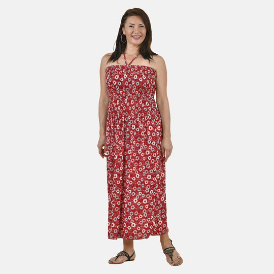 Gesmoktes Maxi-Kleid, Sommerkleid, Pfaunmuster, grün