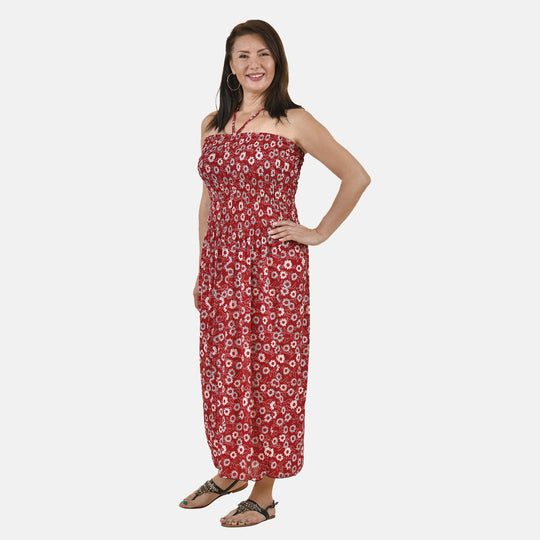 Gesmoktes Maxi-Kleid, Sommerkleid, Pfaunmuster, grün