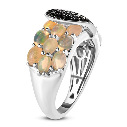Natürlicher Äthiopischer Opal und schwarzer Spinell Ring 925 Silber platiniert