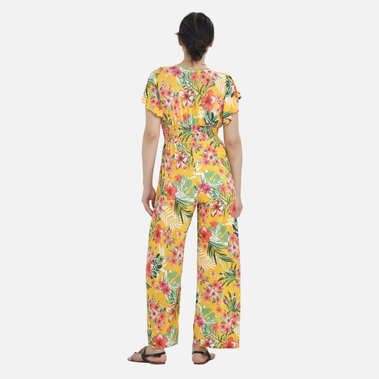 Jumpsuit mit gesmokter Taille und Flatterärmel, gelbes Blumenmuster