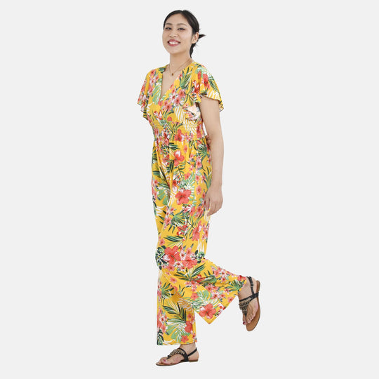 Jumpsuit mit gesmokter Taille und Flatterärmel, gelbes Blumenmuster