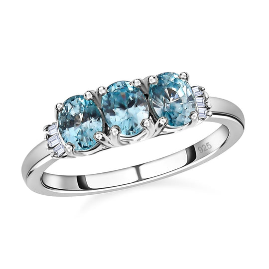 Kambodschanischer, blauer Zirkon, weißer Diamant Ring, 925 Silber platiniert (Größe 21.00) ca. 1.69 ct