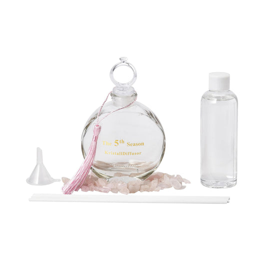 The 5th Season - Aromatherapie-Glasflasche mit Rosenquarz und Topas, mit Glasdeckel und Quasten, Größe 9,5x3,5*14cm, Inhalt: 100ml