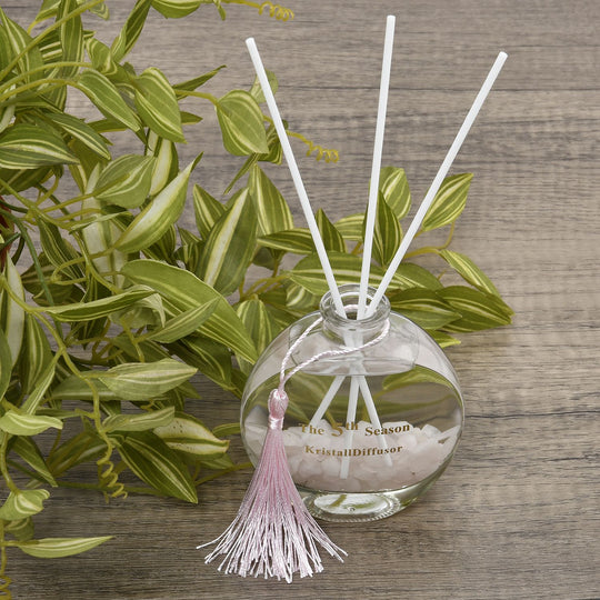 The 5th Season - Aromatherapie-Glasflasche mit Rosenquarz und Topas, mit Glasdeckel und Quasten, Größe 9,5x3,5*14cm, Inhalt: 100ml