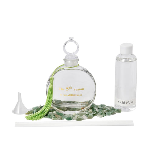 The 5th Season - Aromatherapie-Glasflasche mit Rosenquarz und Topas, mit Glasdeckel und Quasten, Größe 9,5x3,5*14cm, Inhalt: 100ml