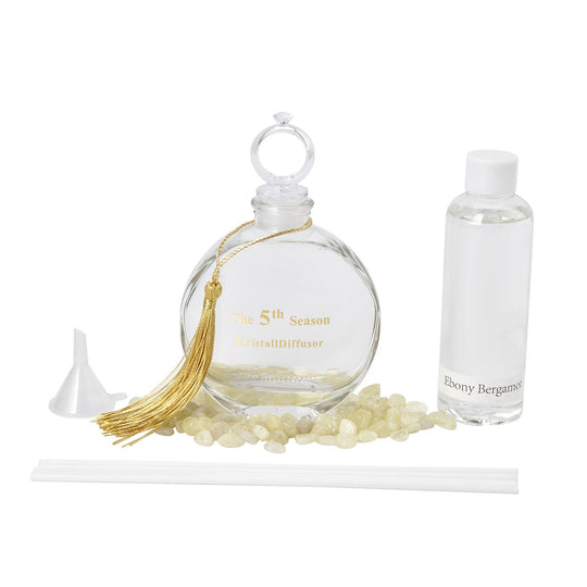 The 5th Season - Aromatherapie-Glasflasche mit Rosenquarz und Topas, mit Glasdeckel und Quasten, Größe 9,5x3,5*14cm, Inhalt: 100ml