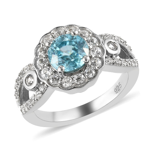 Kambodschanischer, blauer und weißer Zirkon-Ring, 925 Silber platiniert (Größe 17.00) ca. 2,48 ct